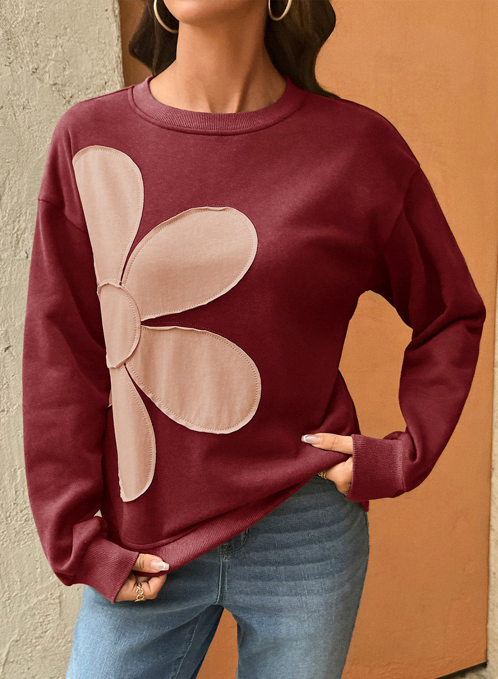 Womens Sweatshirt Long Sleeve Crew Neck Pullover Tops Floral Clothes