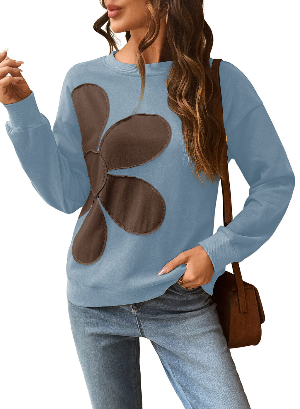 Womens Sweatshirt Long Sleeve Crew Neck Pullover Tops Floral Clothes