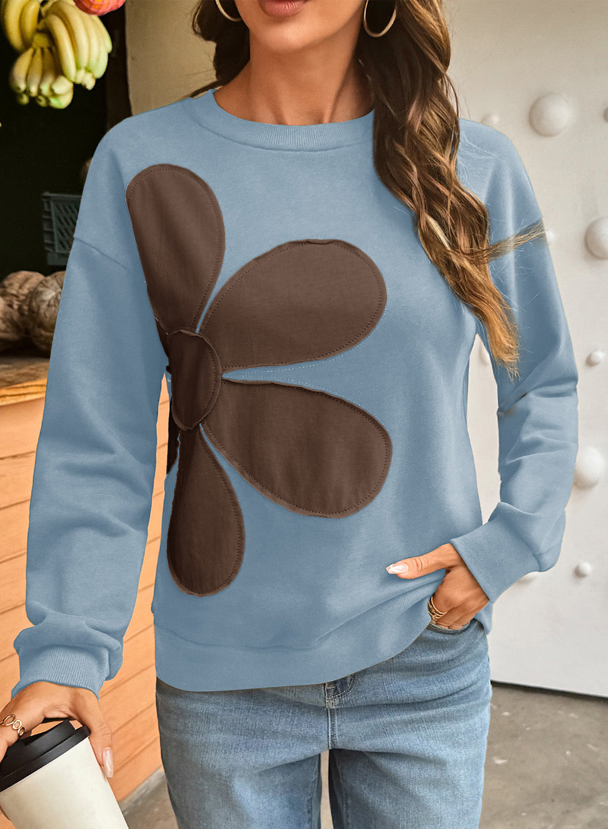 Womens Sweatshirt Long Sleeve Crew Neck Pullover Tops Floral Clothes