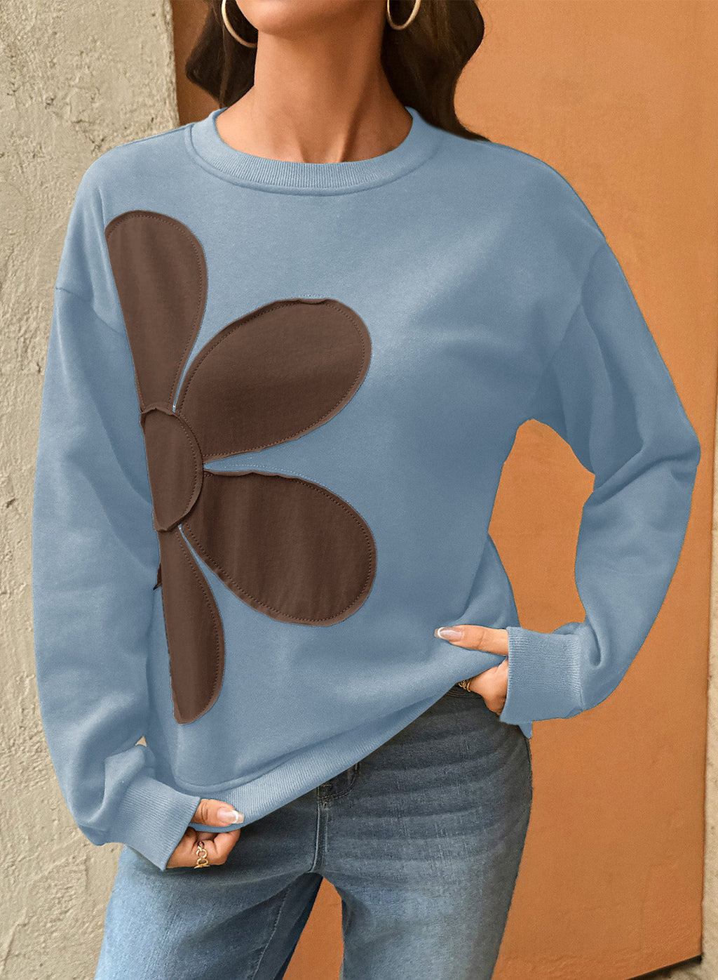 Womens Sweatshirt Long Sleeve Crew Neck Pullover Tops Floral Clothes