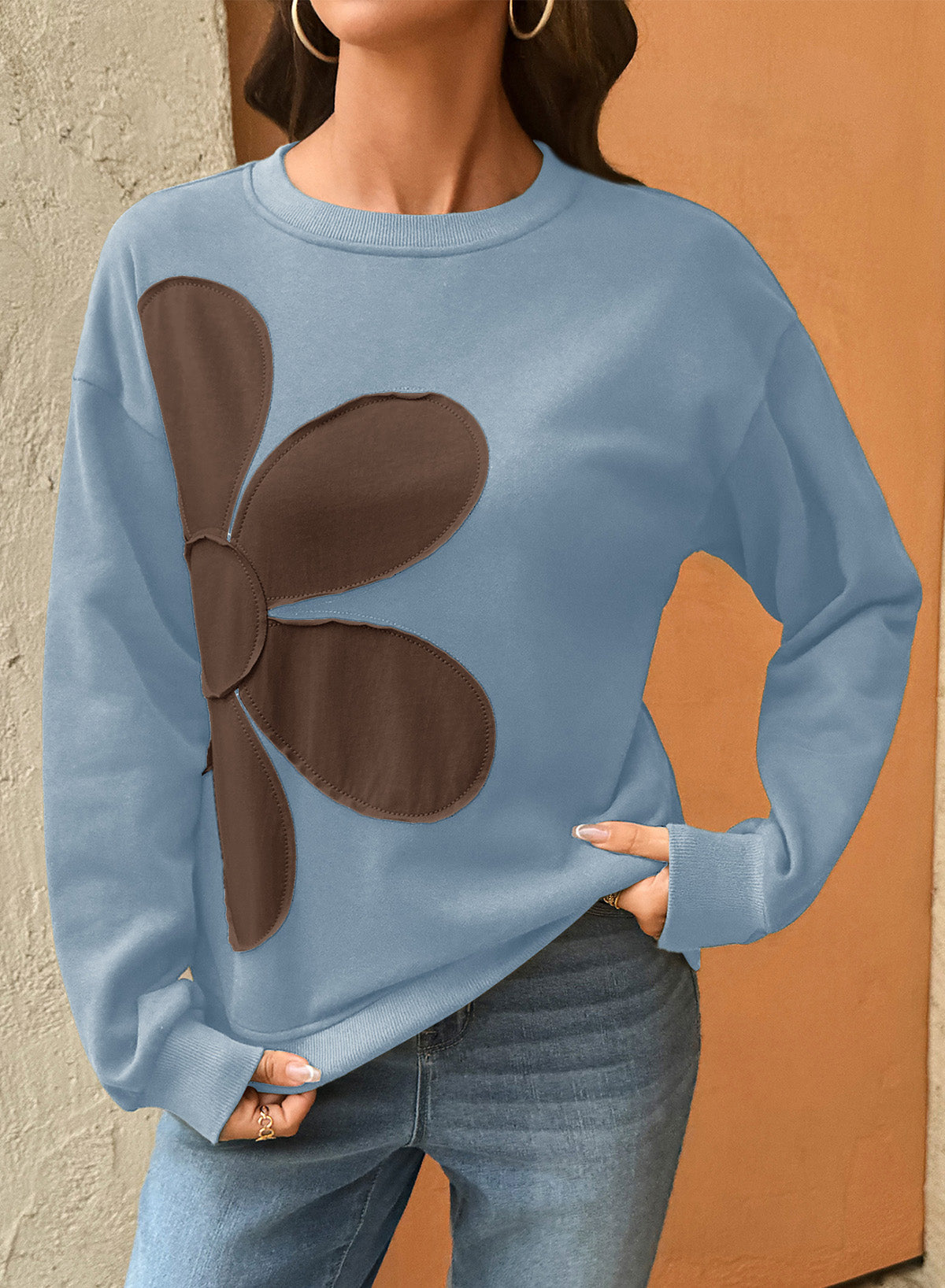 Womens Sweatshirt Long Sleeve Crew Neck Pullover Tops Floral Clothes