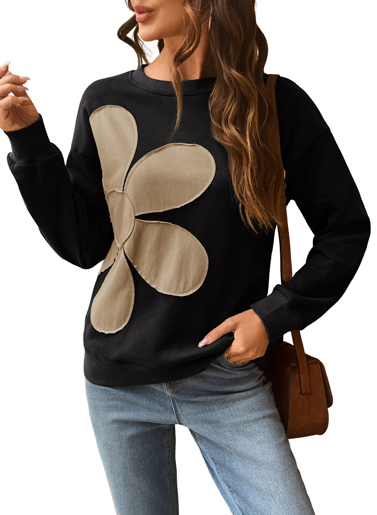 Womens Sweatshirt Long Sleeve Crew Neck Pullover Tops Floral Clothes