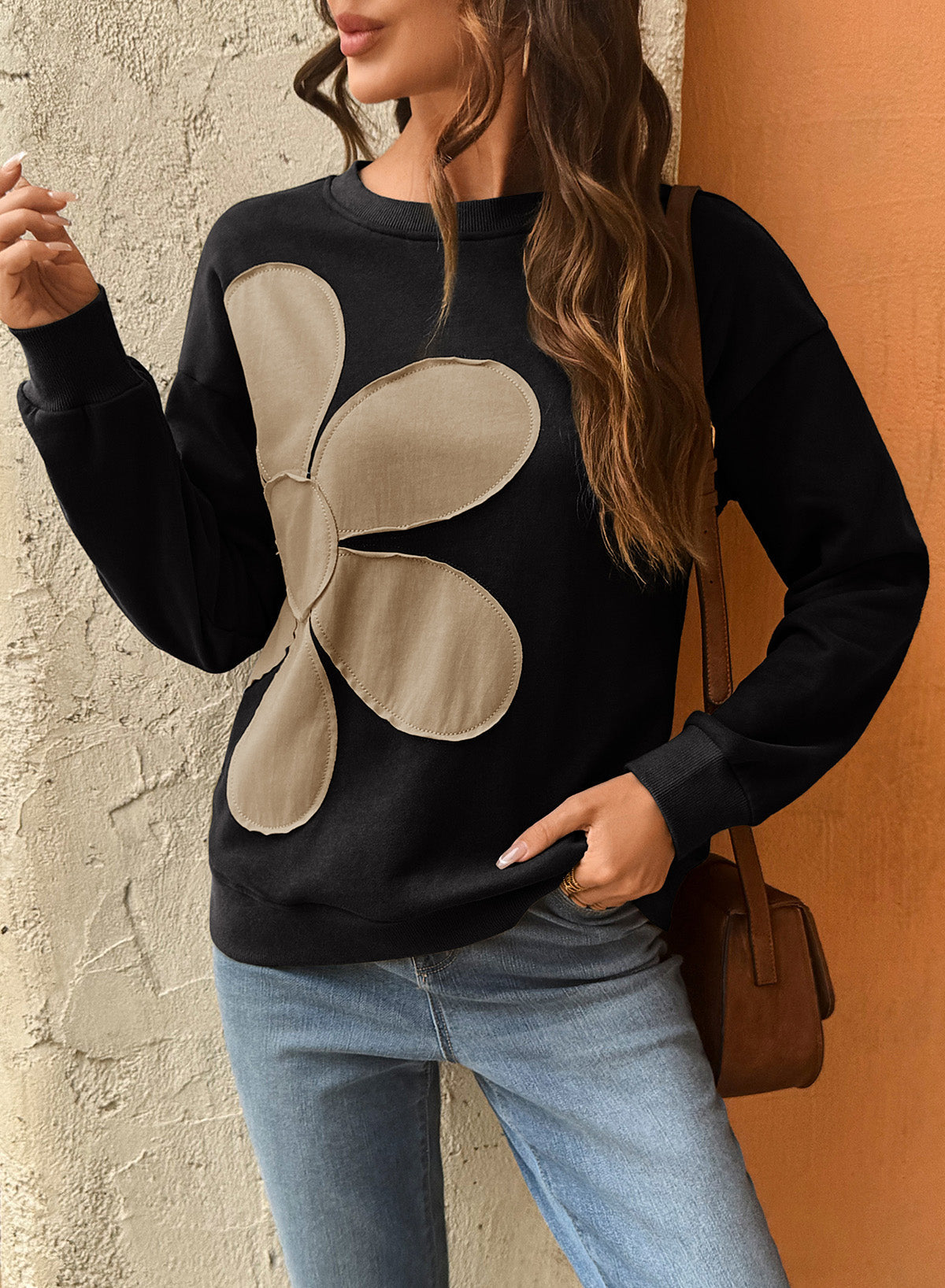 Womens Sweatshirt Long Sleeve Crew Neck Pullover Tops Floral Clothes