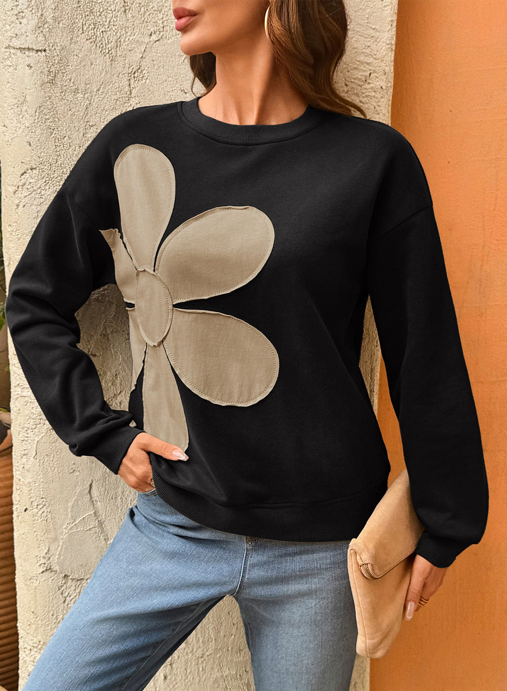 Womens Sweatshirt Long Sleeve Crew Neck Pullover Tops Floral Clothes