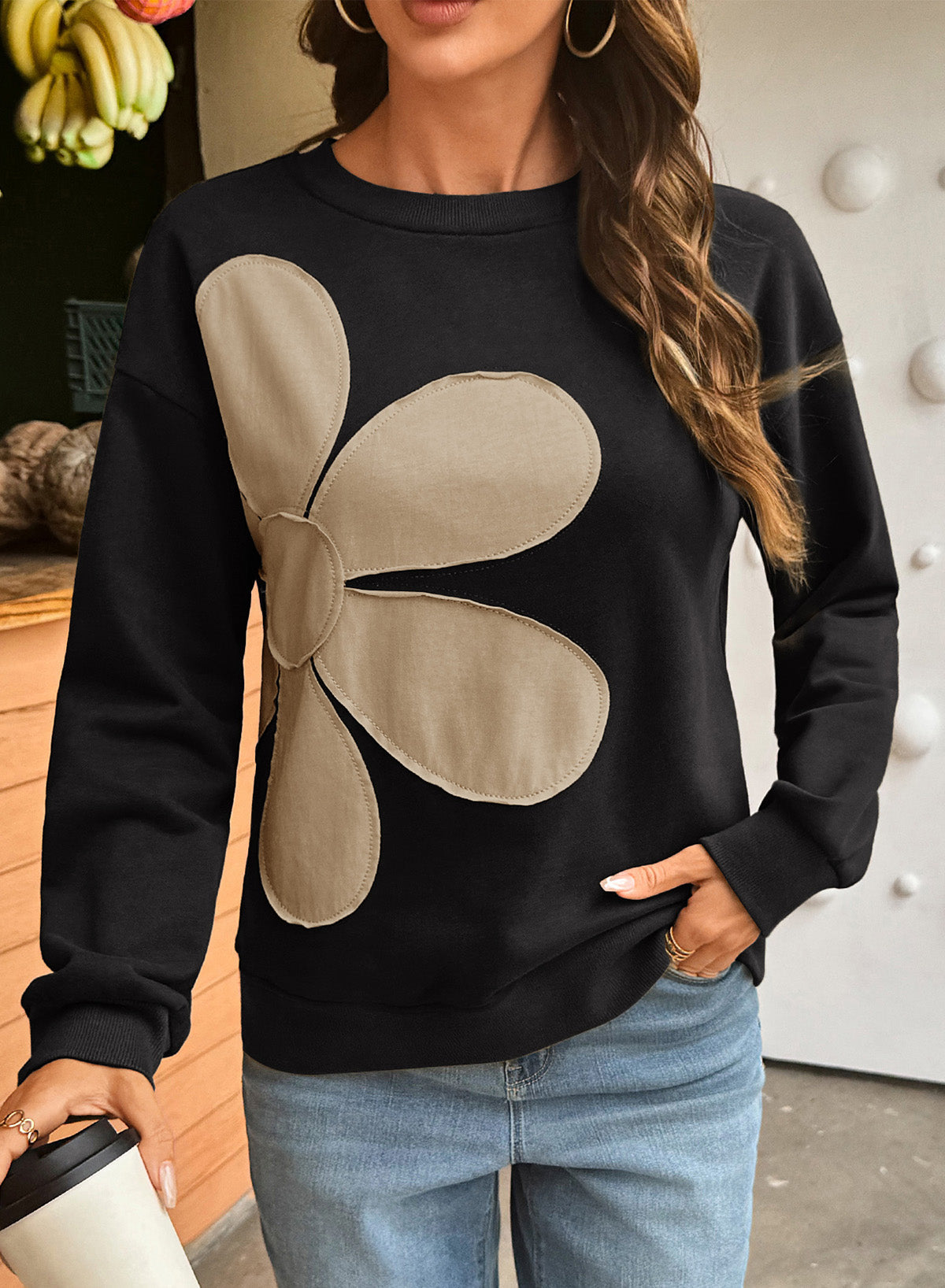 Womens Sweatshirt Long Sleeve Crew Neck Pullover Tops Floral Clothes