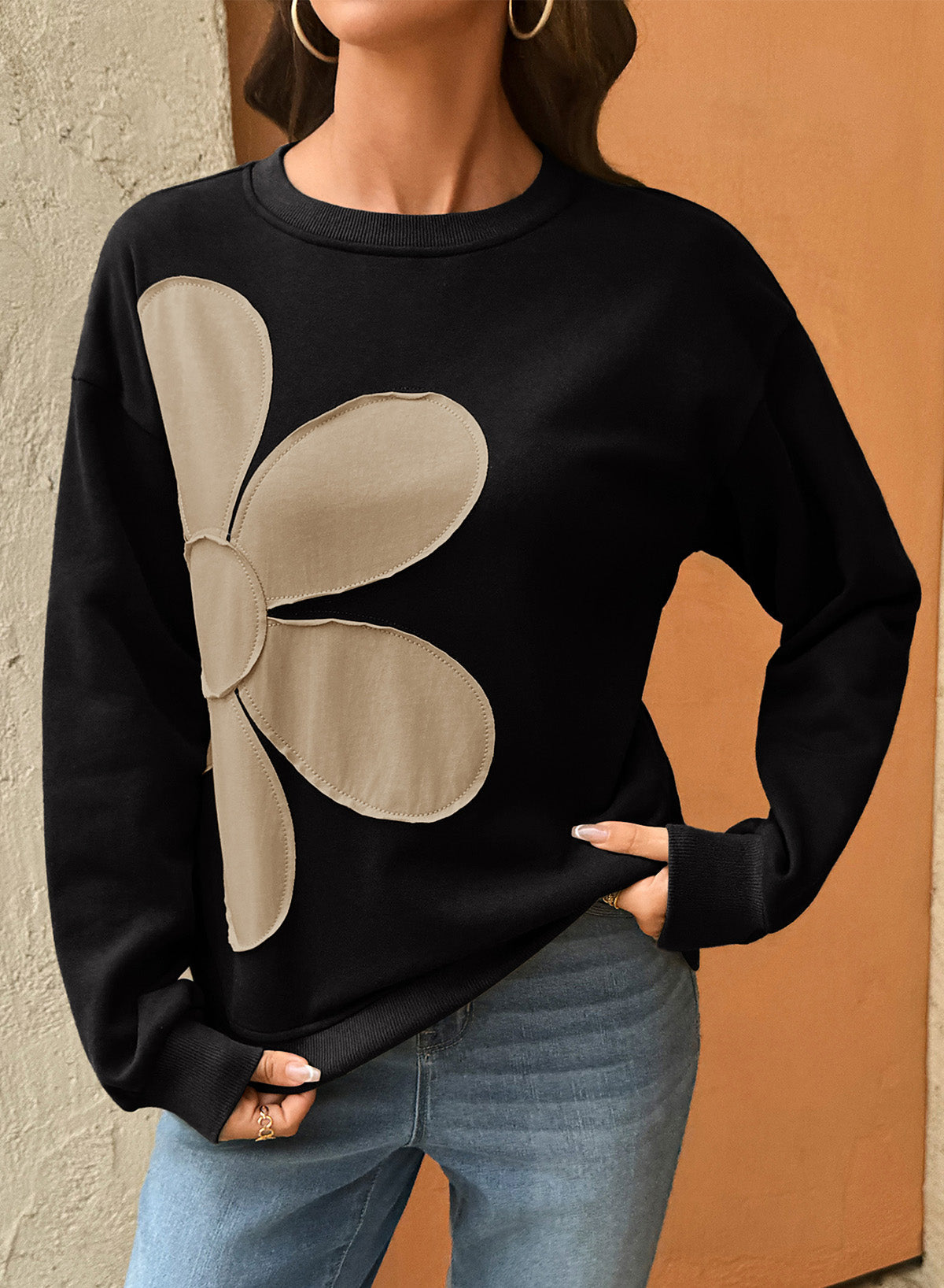 Womens Sweatshirt Long Sleeve Crew Neck Pullover Tops Floral Clothes