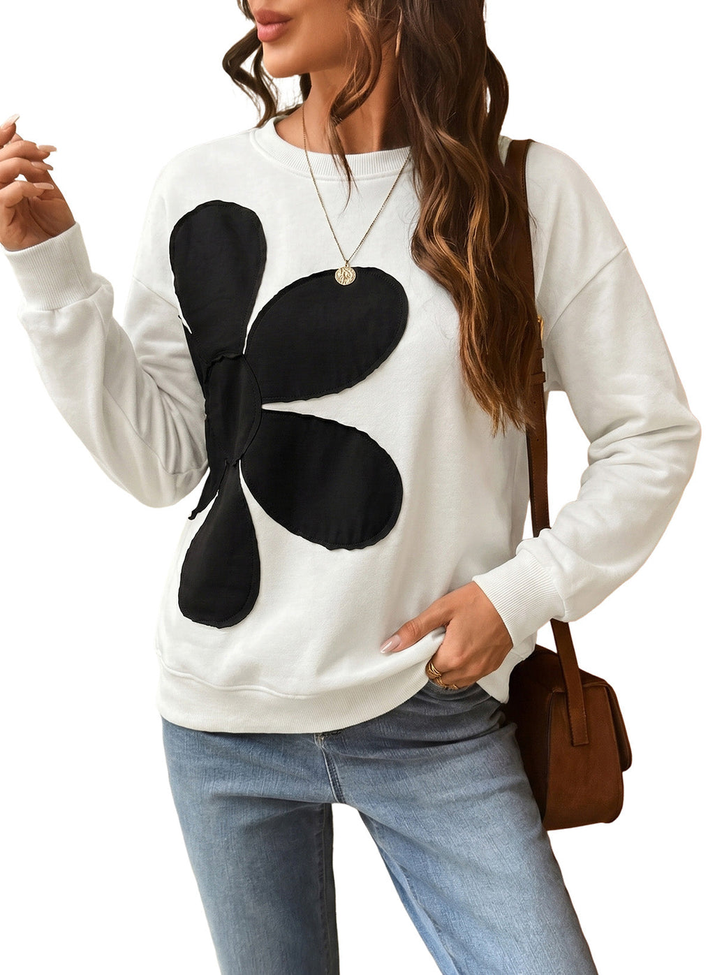 Womens Sweatshirt Long Sleeve Crew Neck Pullover Tops Floral Clothes