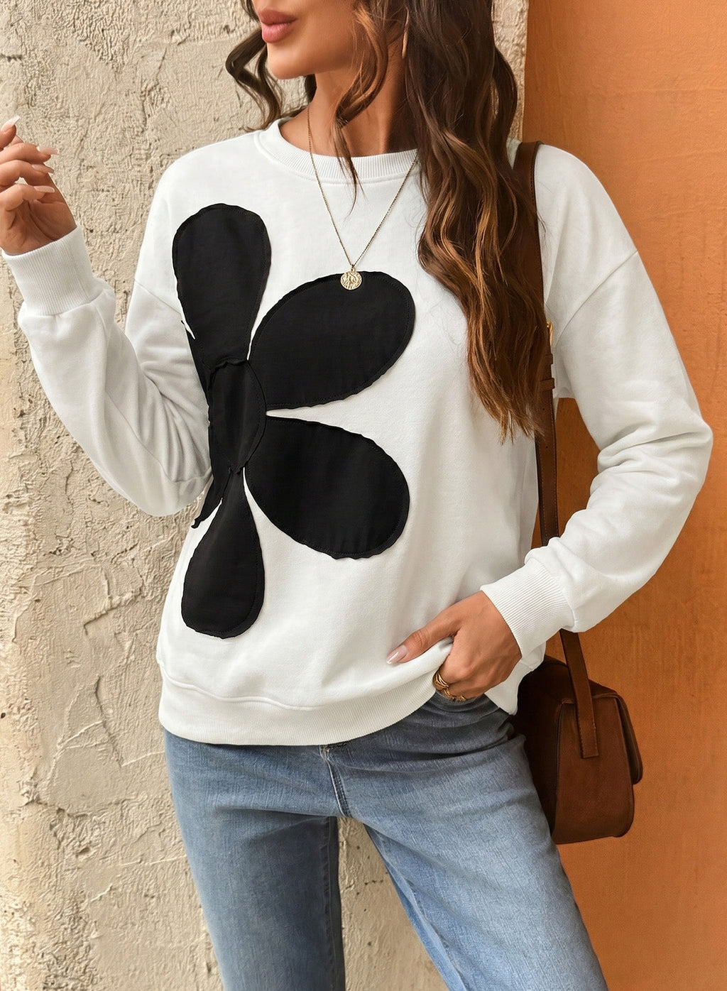 Womens Sweatshirt Long Sleeve Crew Neck Pullover Tops Floral Clothes