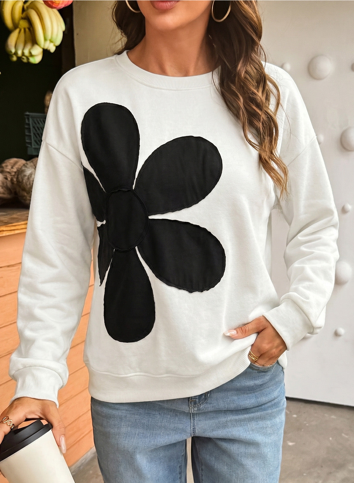Womens Sweatshirt Long Sleeve Crew Neck Pullover Tops Floral Clothes