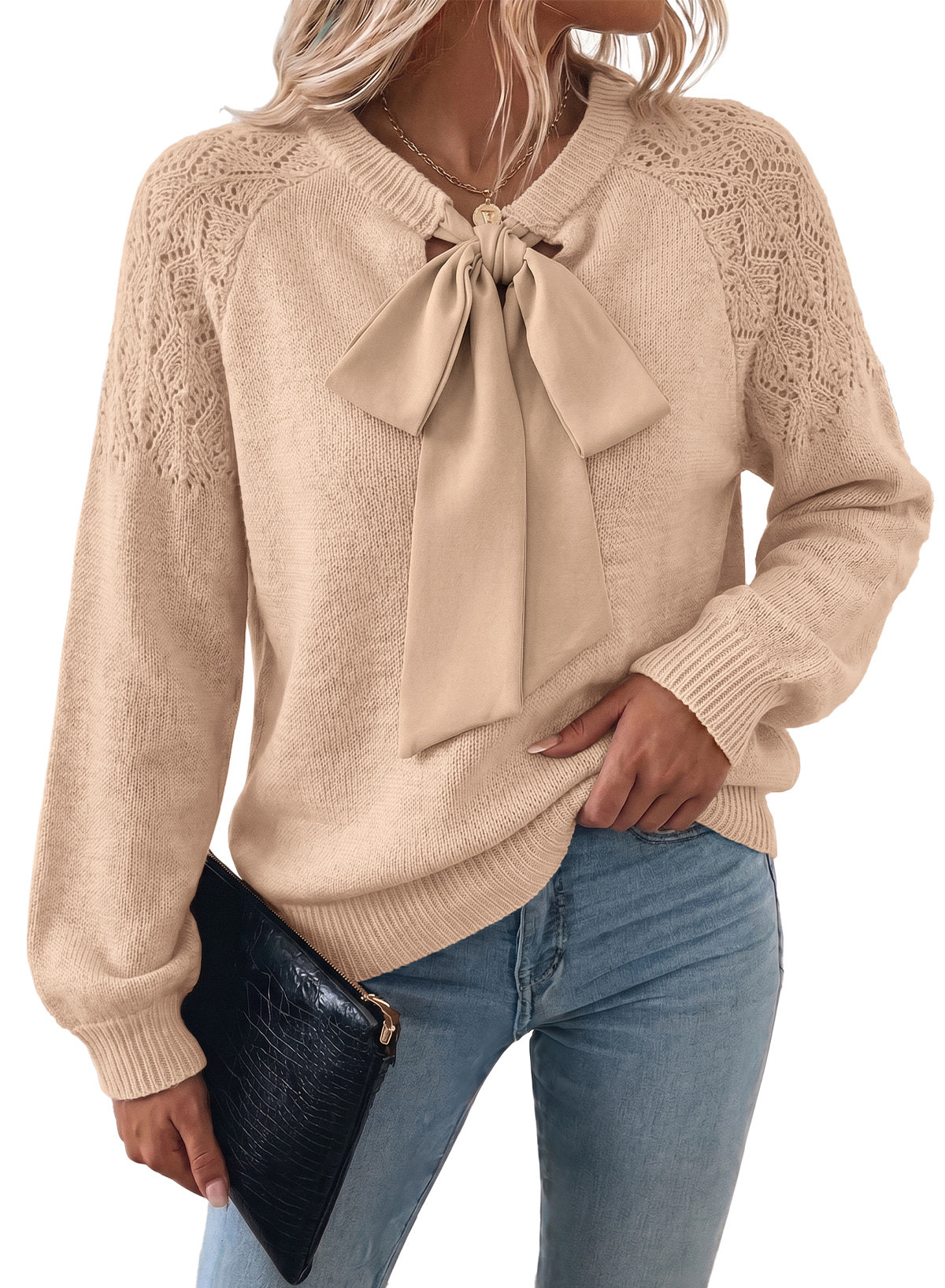 Dokotoo Sweaters for Women Crochet Hollow Out Bow Knot Crewneck Knit Tops