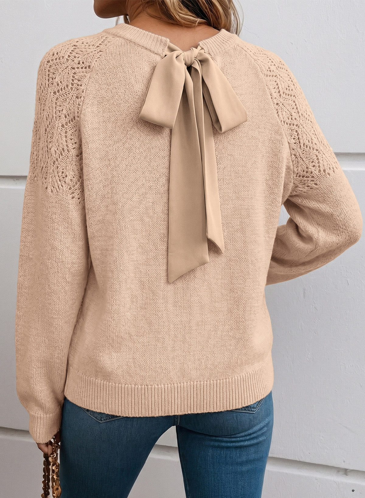Dokotoo Sweaters for Women Crochet Hollow Out Bow Knot Crewneck Knit Tops