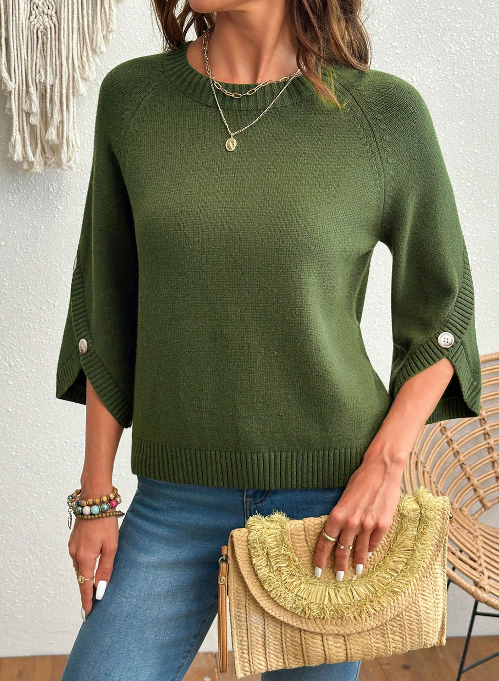 Womens Sweaters 3/4 Button Sleeve Crewneck Pullover Sweater Tops