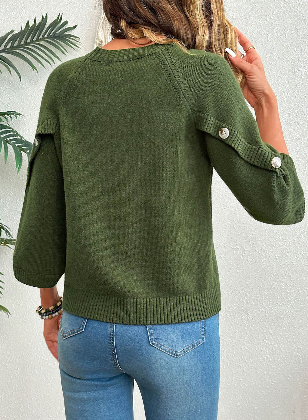 Womens Sweaters 3/4 Button Sleeve Crewneck Pullover Sweater Tops
