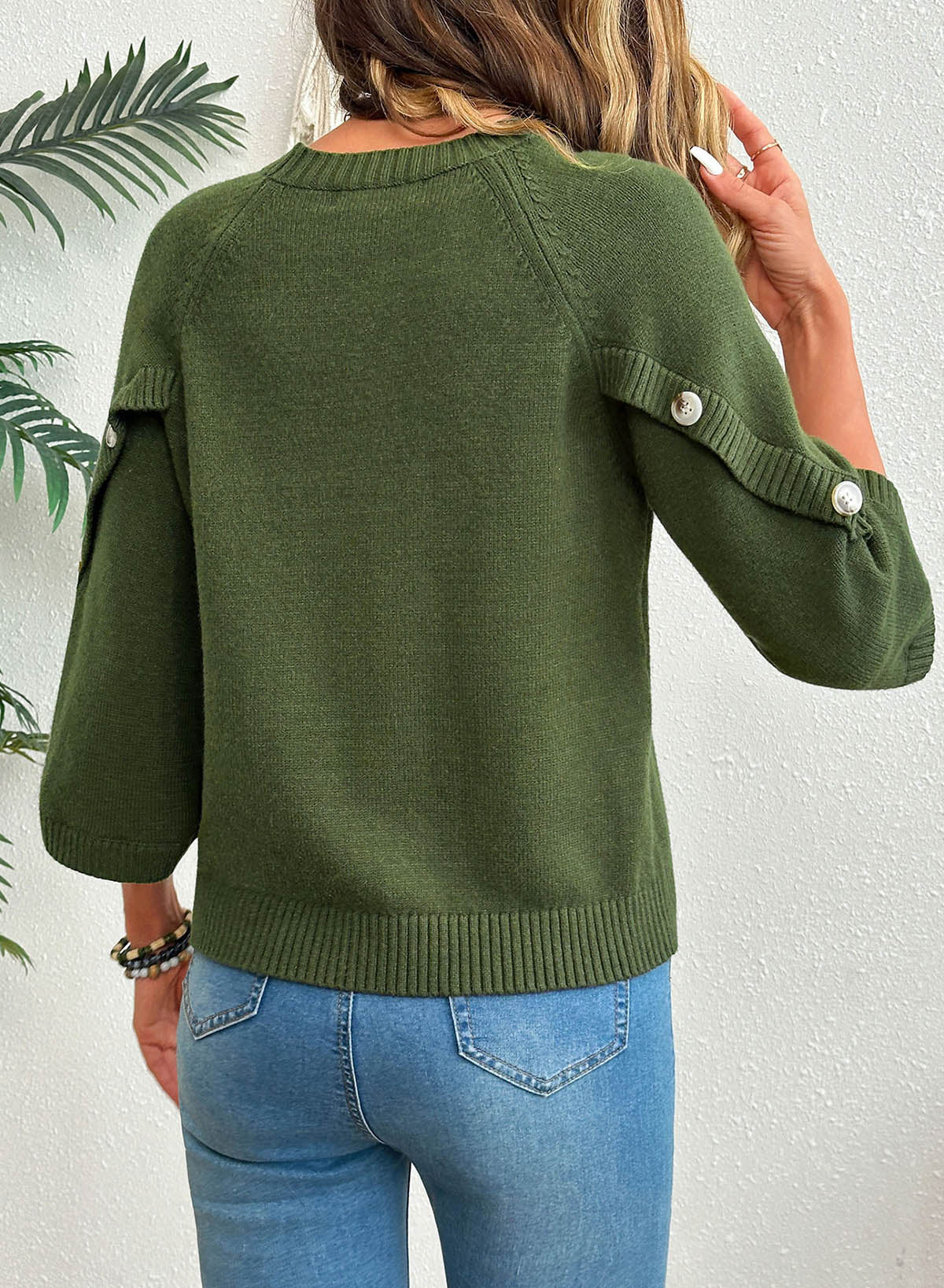 Womens Sweaters 3/4 Button Sleeve Crewneck Pullover Sweater Tops