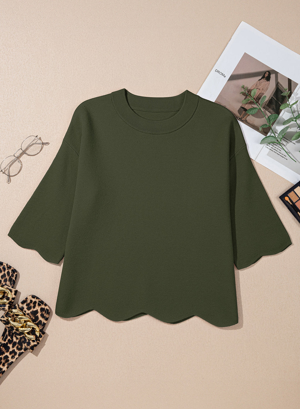 Sweaters for Women 3/4 Sleeve Scalloped Hem Top