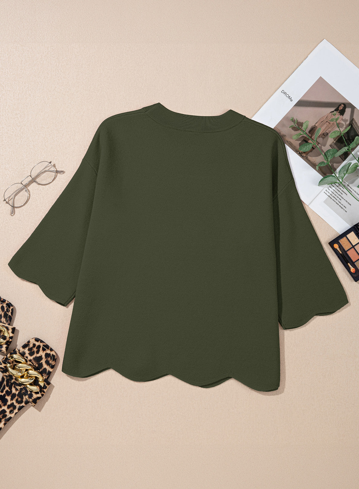 Sweaters for Women 3/4 Sleeve Scalloped Hem Top