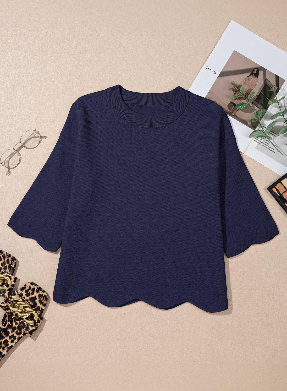Sweaters for Women 3/4 Sleeve Scalloped Hem Top
