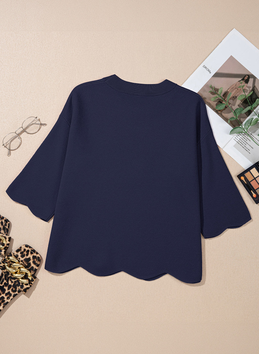 Sweaters for Women 3/4 Sleeve Scalloped Hem Top