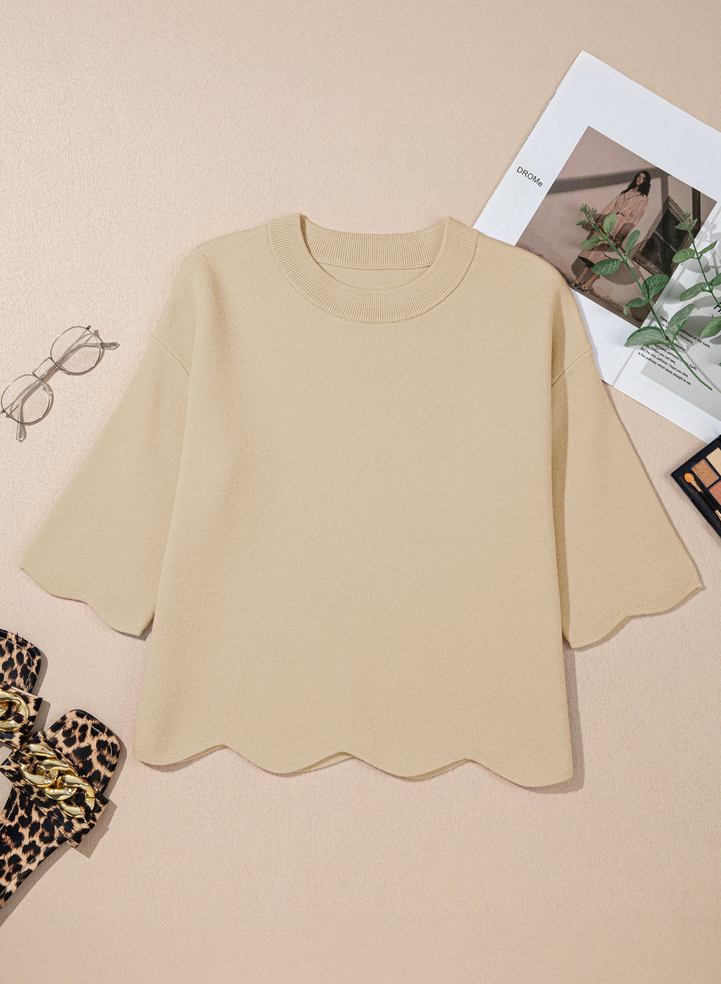 Sweaters for Women 3/4 Sleeve Scalloped Hem Top