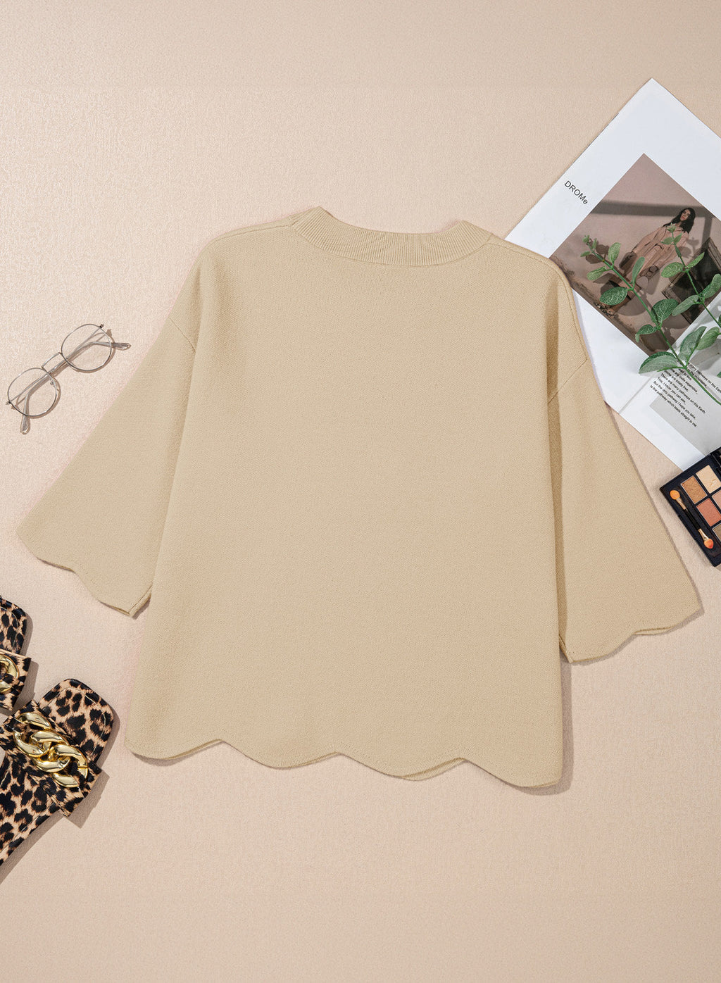 Sweaters for Women 3/4 Sleeve Scalloped Hem Top