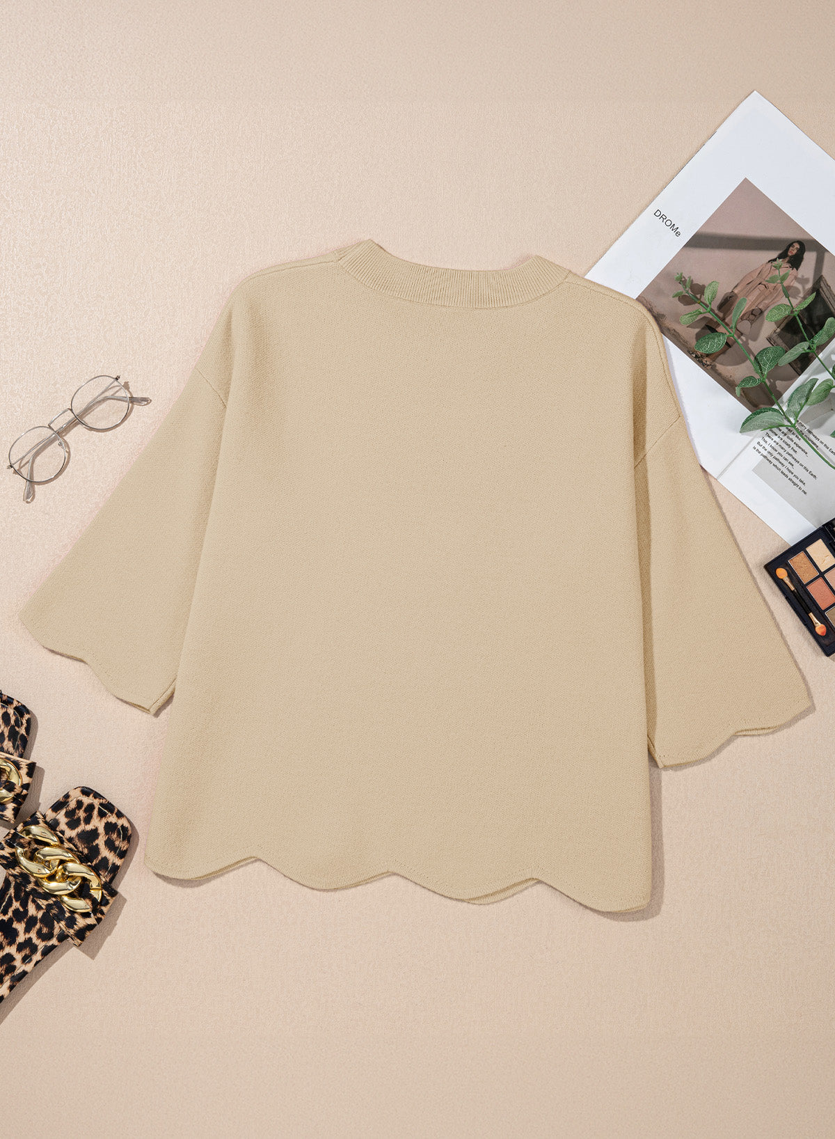 Sweaters for Women 3/4 Sleeve Scalloped Hem Top