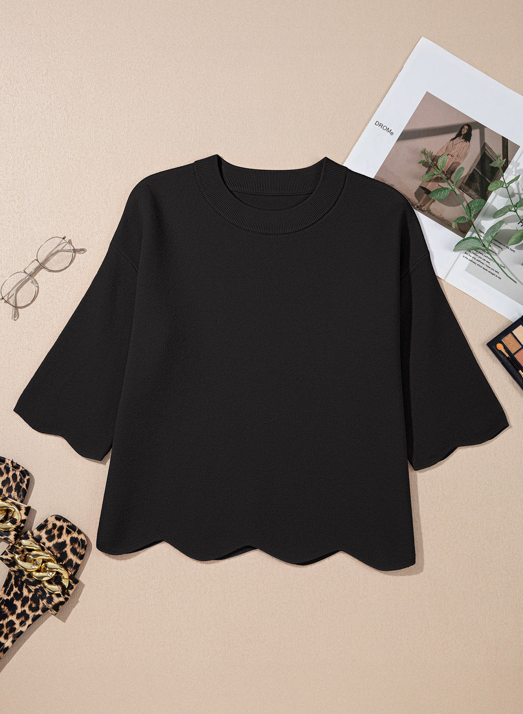 Sweaters for Women 3/4 Sleeve Scalloped Hem Top