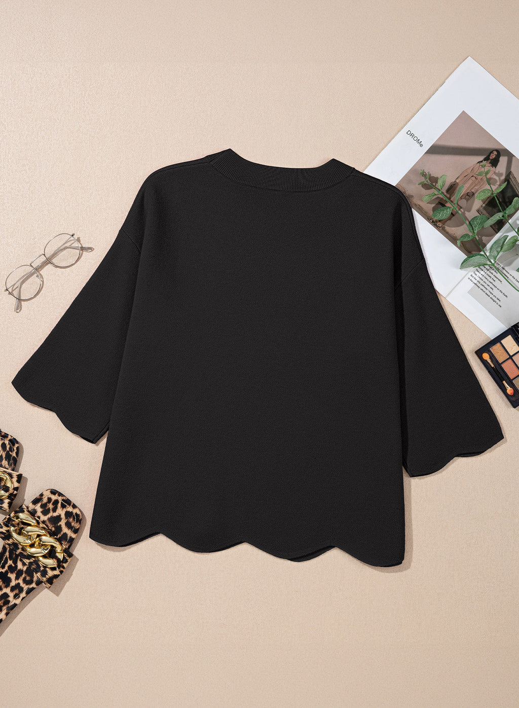 Sweaters for Women 3/4 Sleeve Scalloped Hem Top