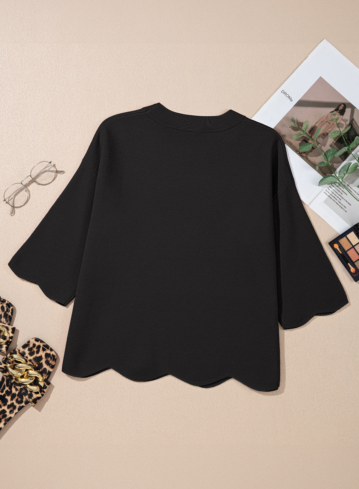 Sweaters for Women 3/4 Sleeve Scalloped Hem Top