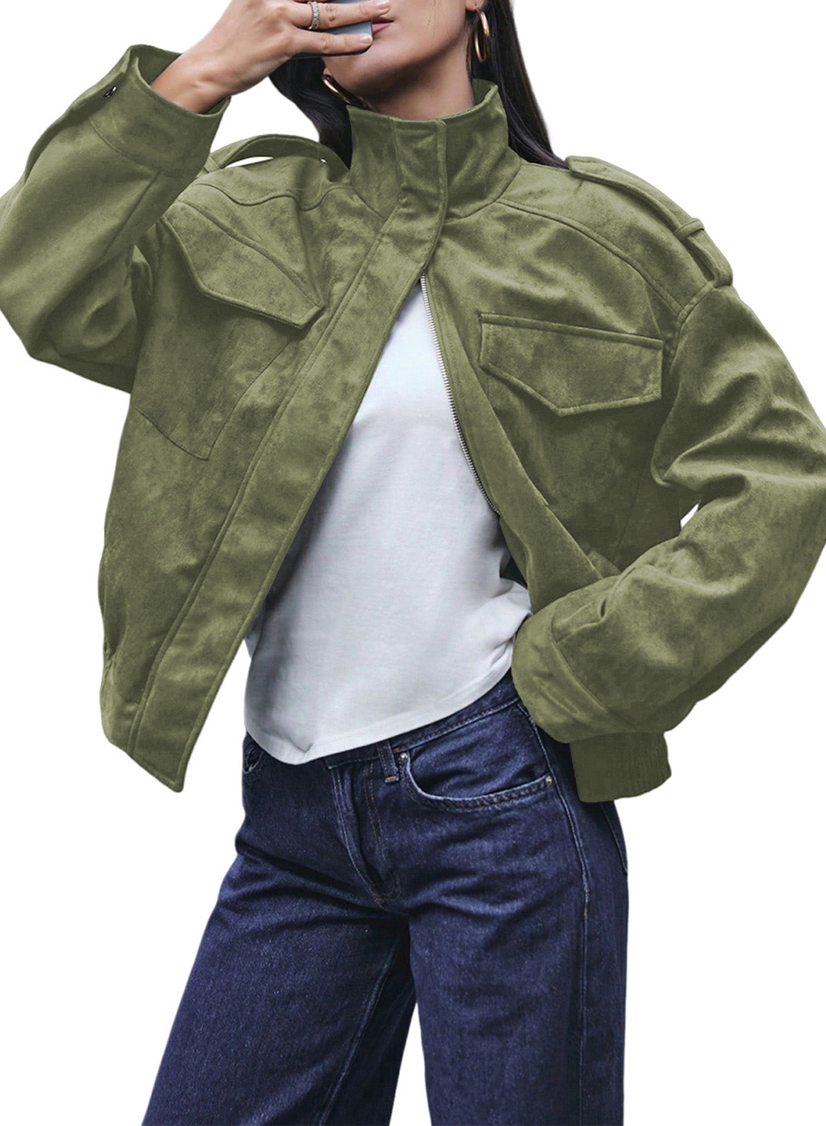 Dokotoo Womens Casual Cropped Bomber Jackets Trendy Solid Zip Up Coats