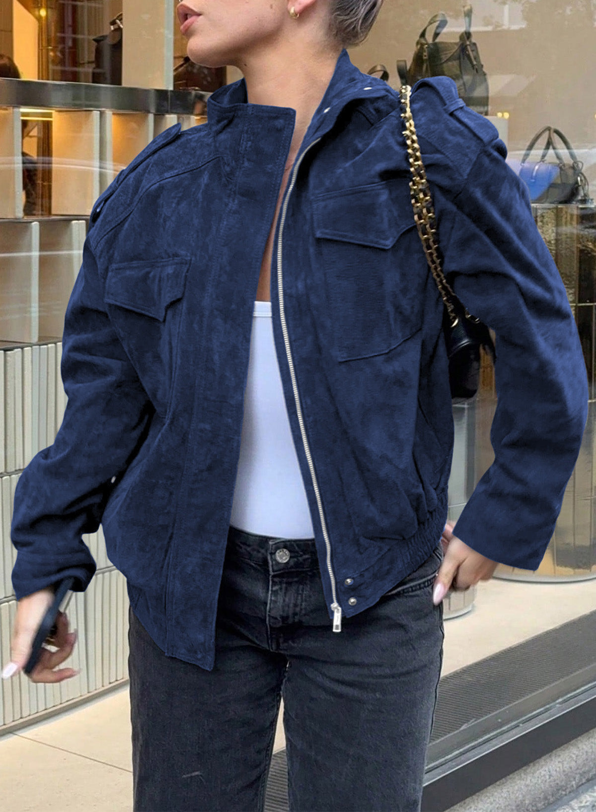 Dokotoo Womens Casual Cropped Bomber Jackets Trendy Solid Zip Up Coats