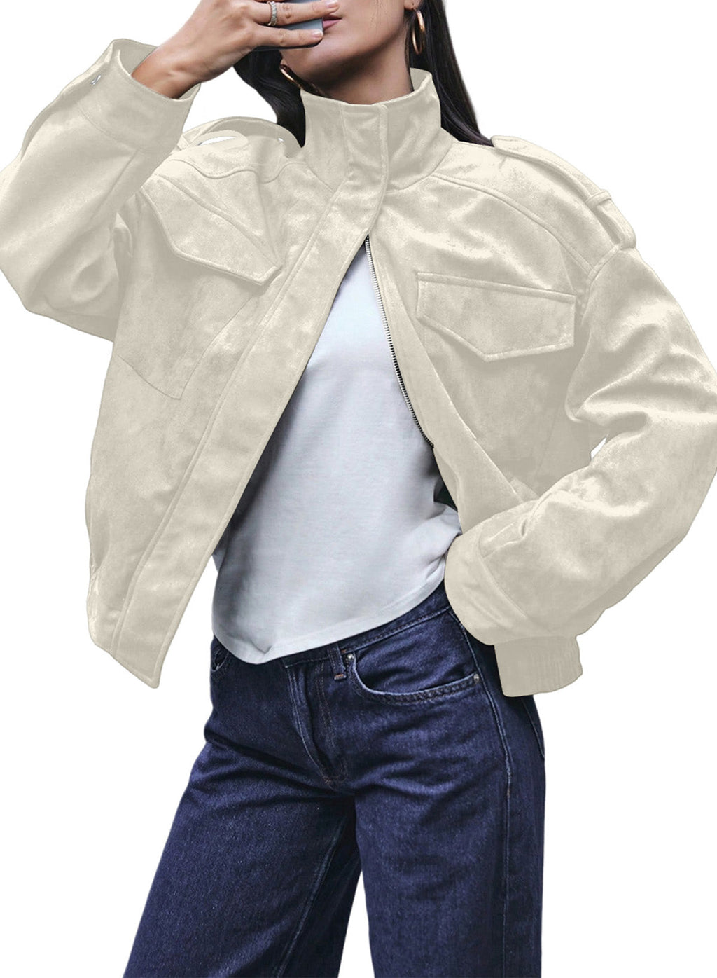 Dokotoo Womens Casual Cropped Bomber Jackets Trendy Solid Zip Up Coats