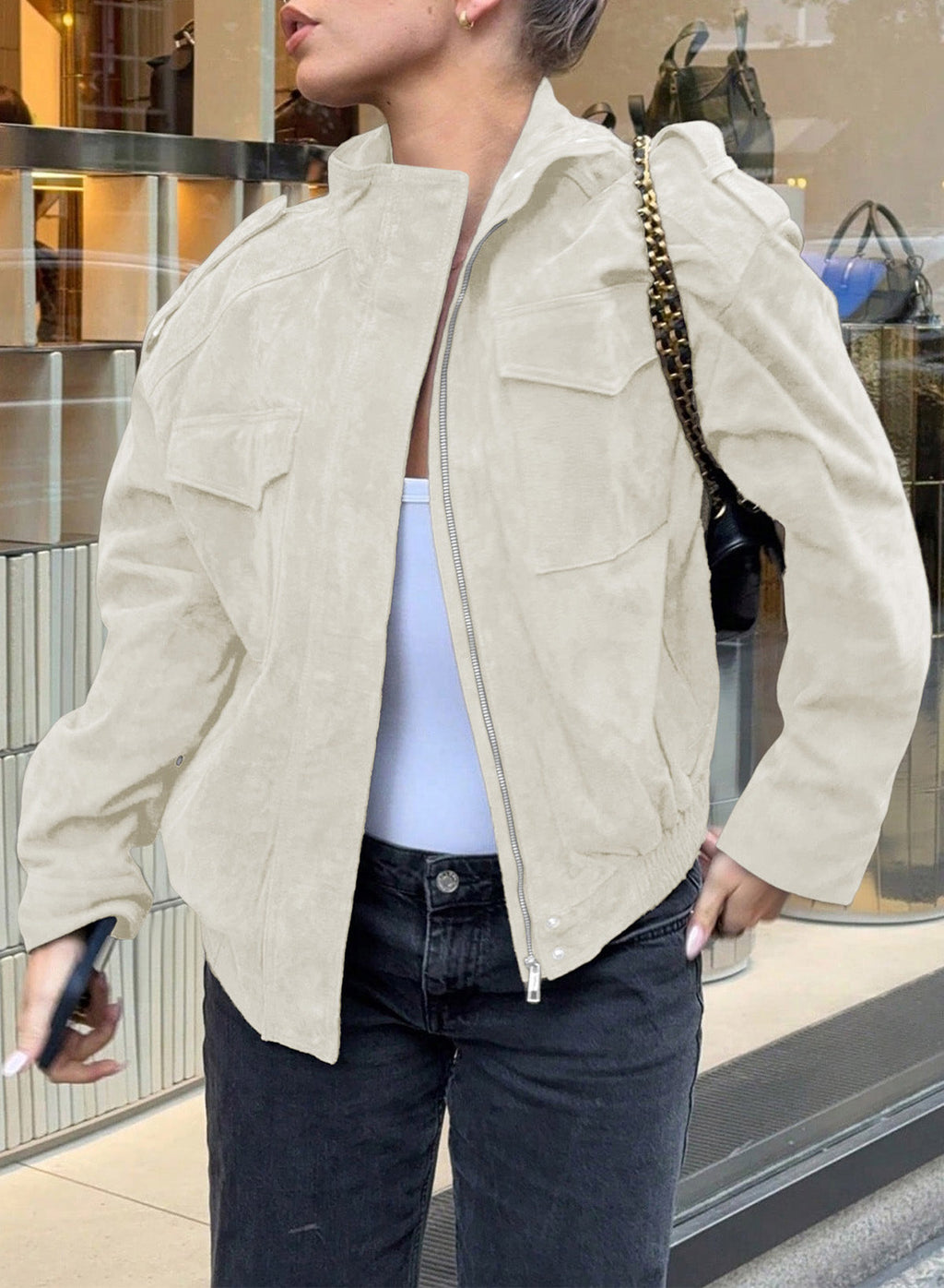 Dokotoo Womens Casual Cropped Bomber Jackets Trendy Solid Zip Up Coats