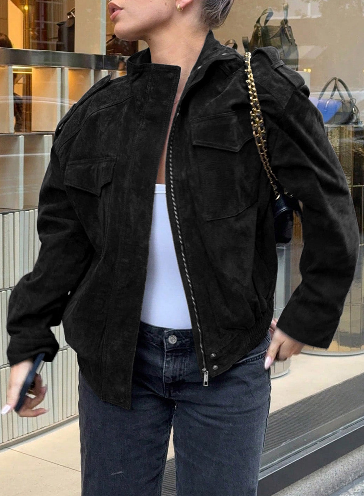 Dokotoo Womens Casual Cropped Bomber Jackets Trendy Solid Zip Up Coats