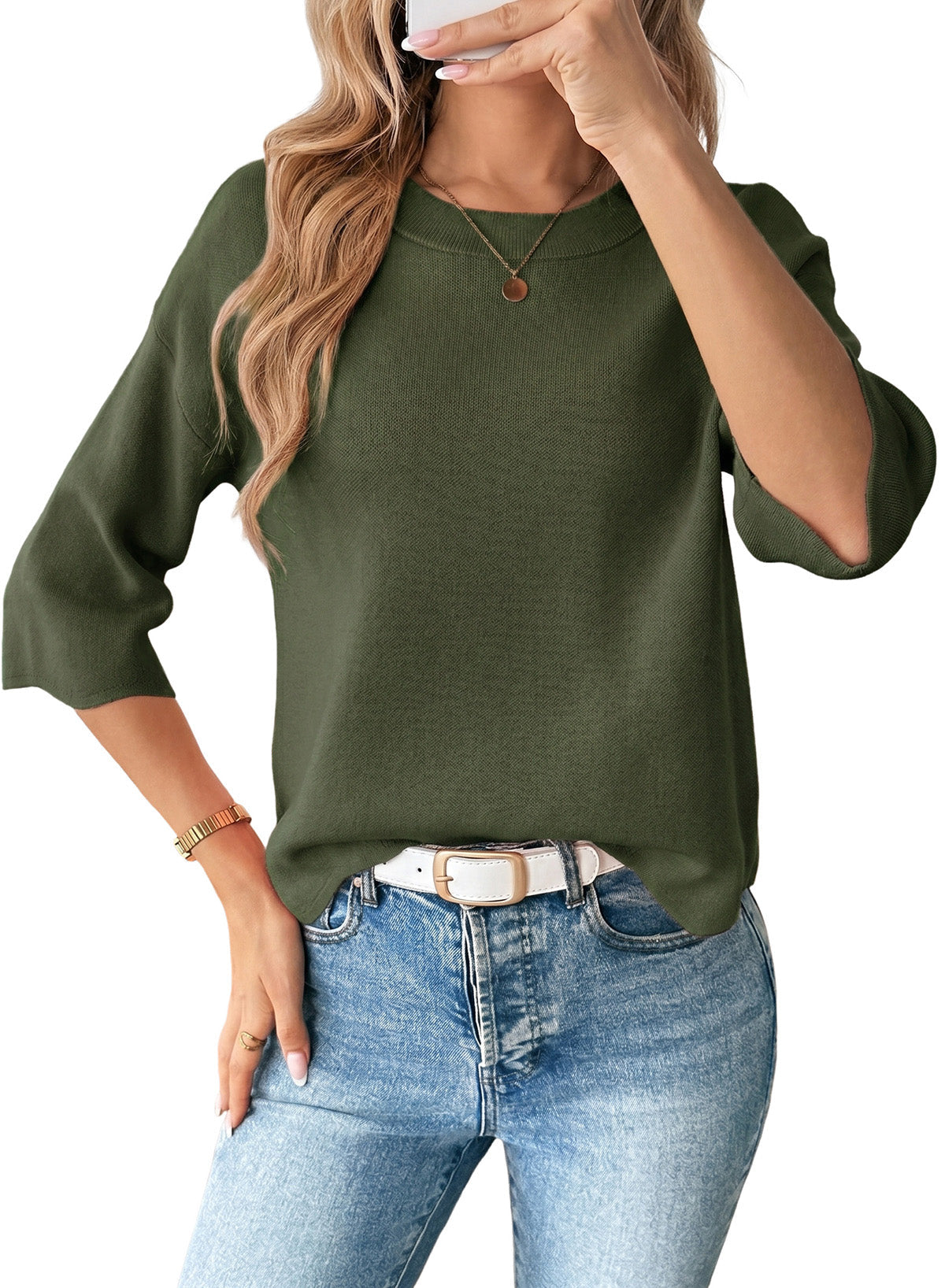 Sweaters for Women 3/4 Sleeve Scalloped Hem Top