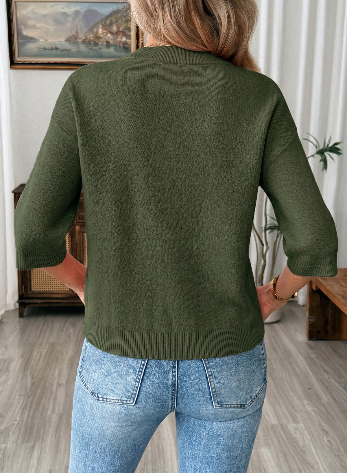 Sweaters for Women 3/4 Sleeve Scalloped Hem Top