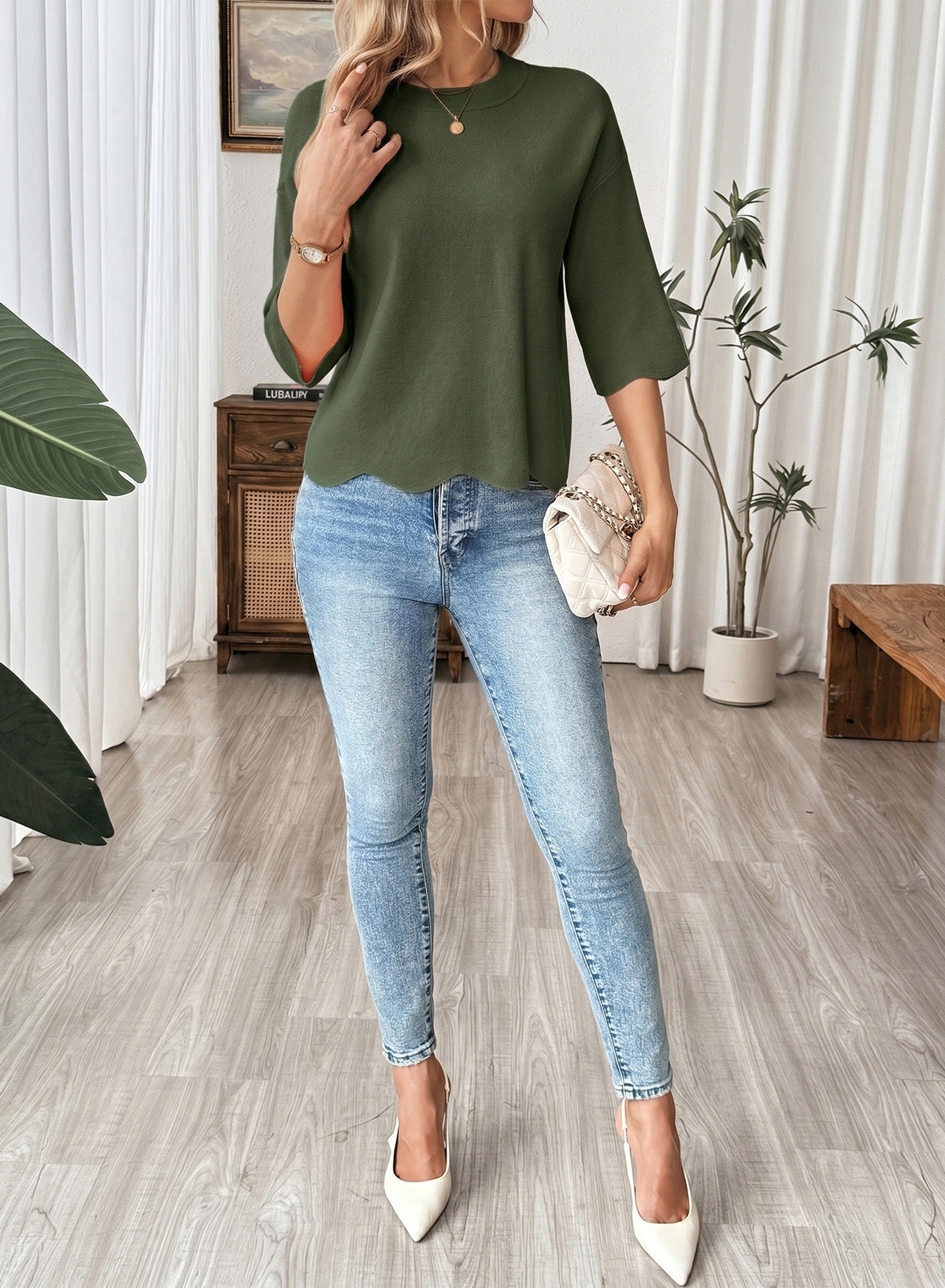 Sweaters for Women 3/4 Sleeve Scalloped Hem Top