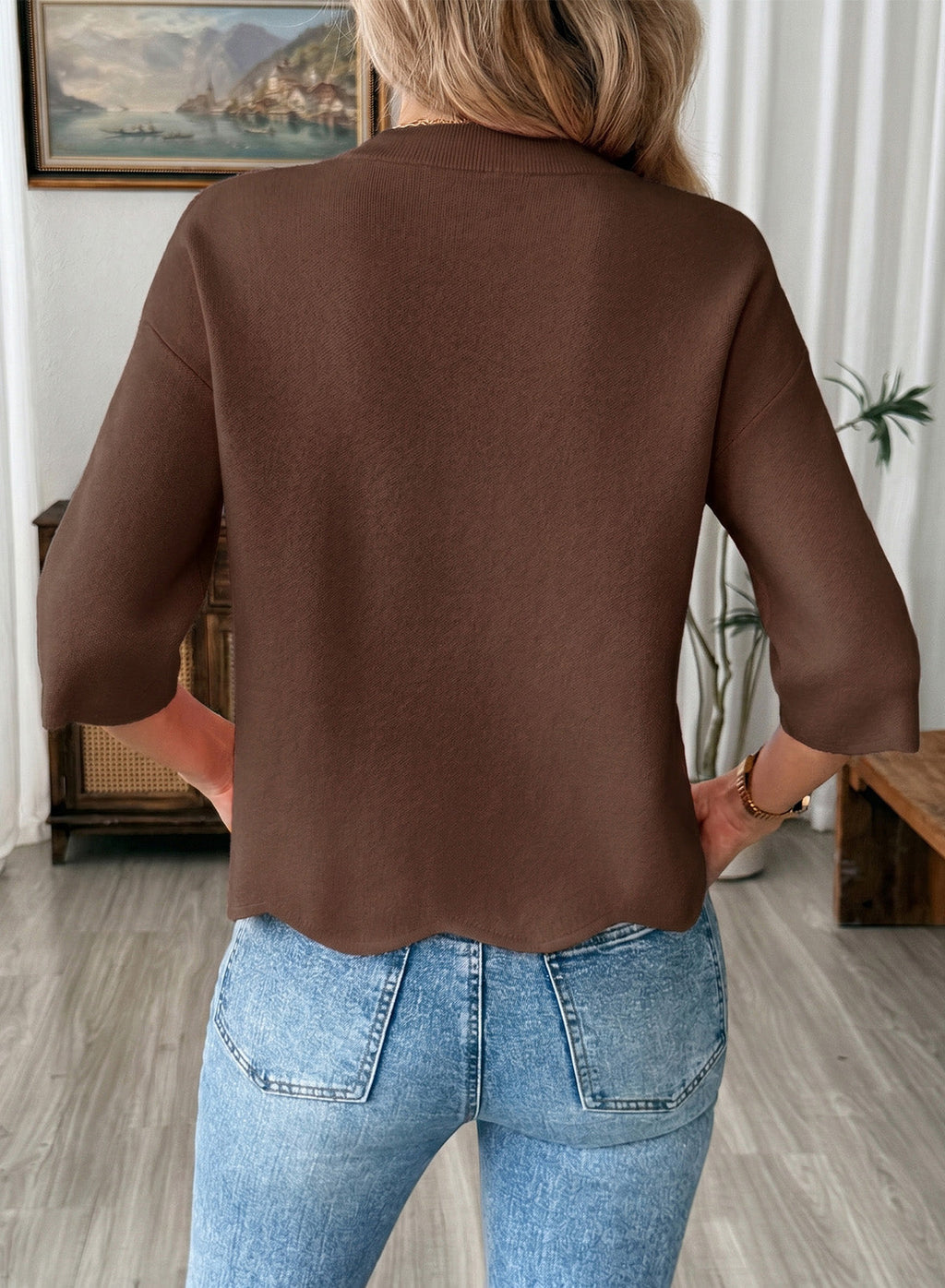 Sweaters for Women 3/4 Sleeve Scalloped Hem Top