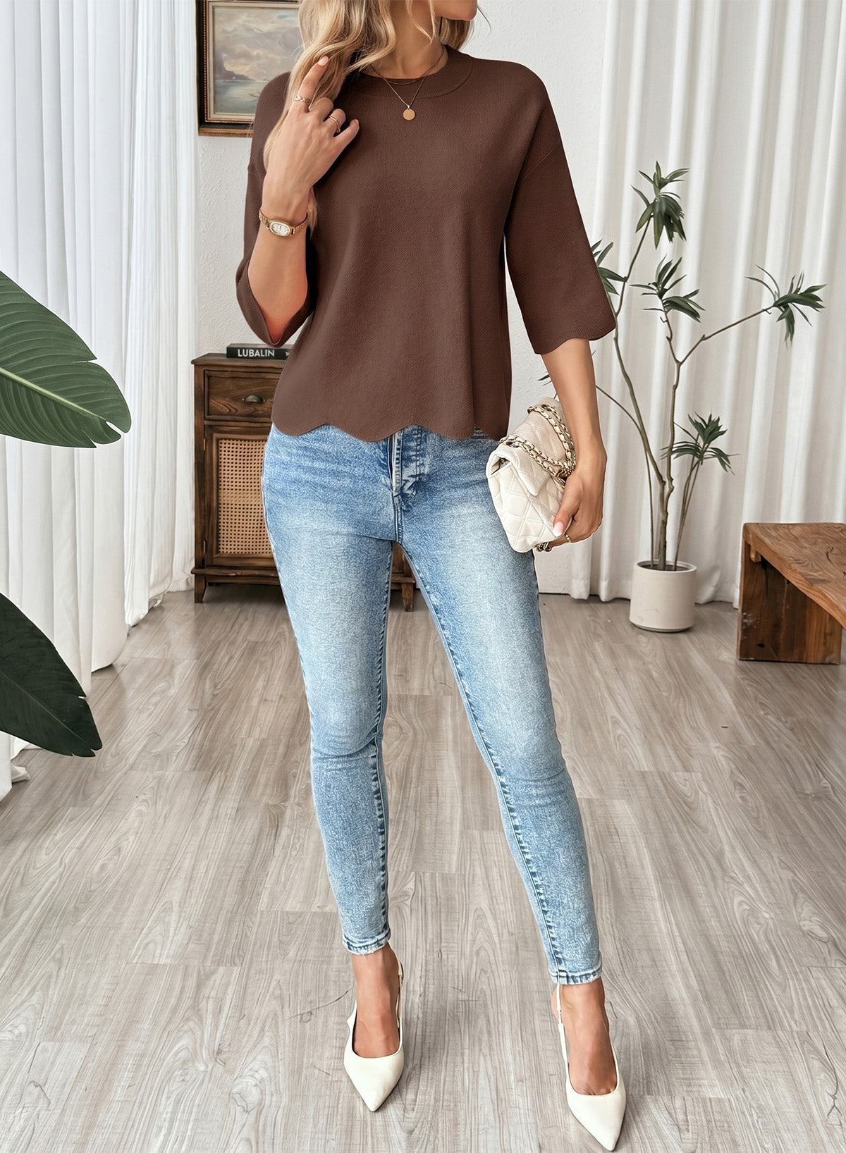 Sweaters for Women 3/4 Sleeve Scalloped Hem Top