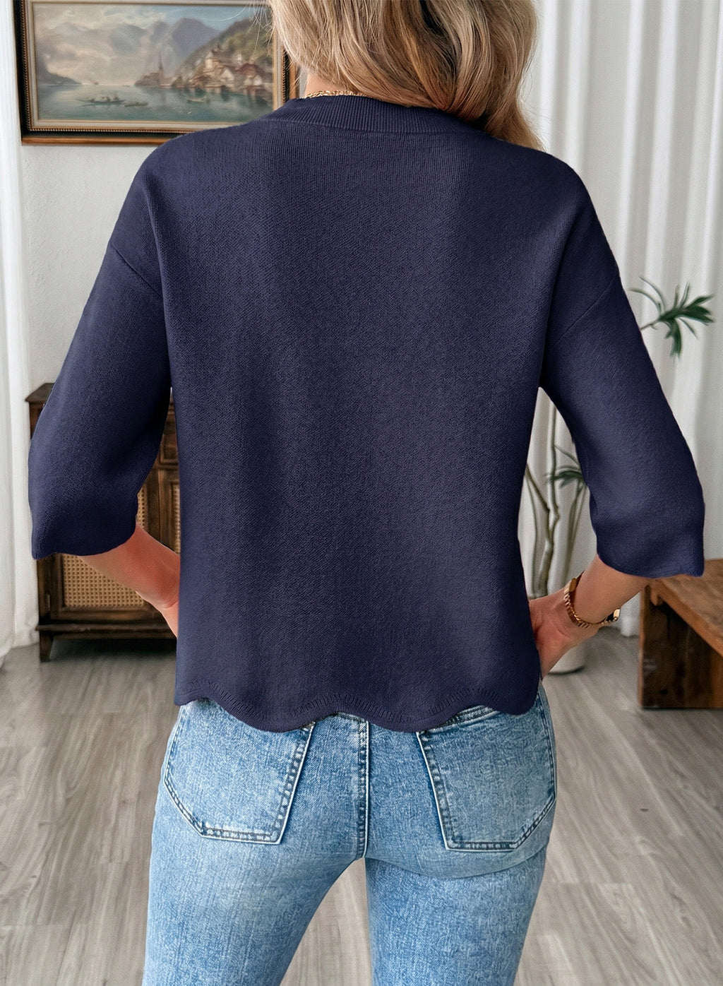 Sweaters for Women 3/4 Sleeve Scalloped Hem Top