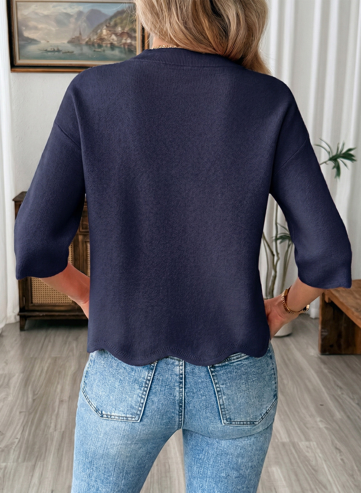 Sweaters for Women 3/4 Sleeve Scalloped Hem Top