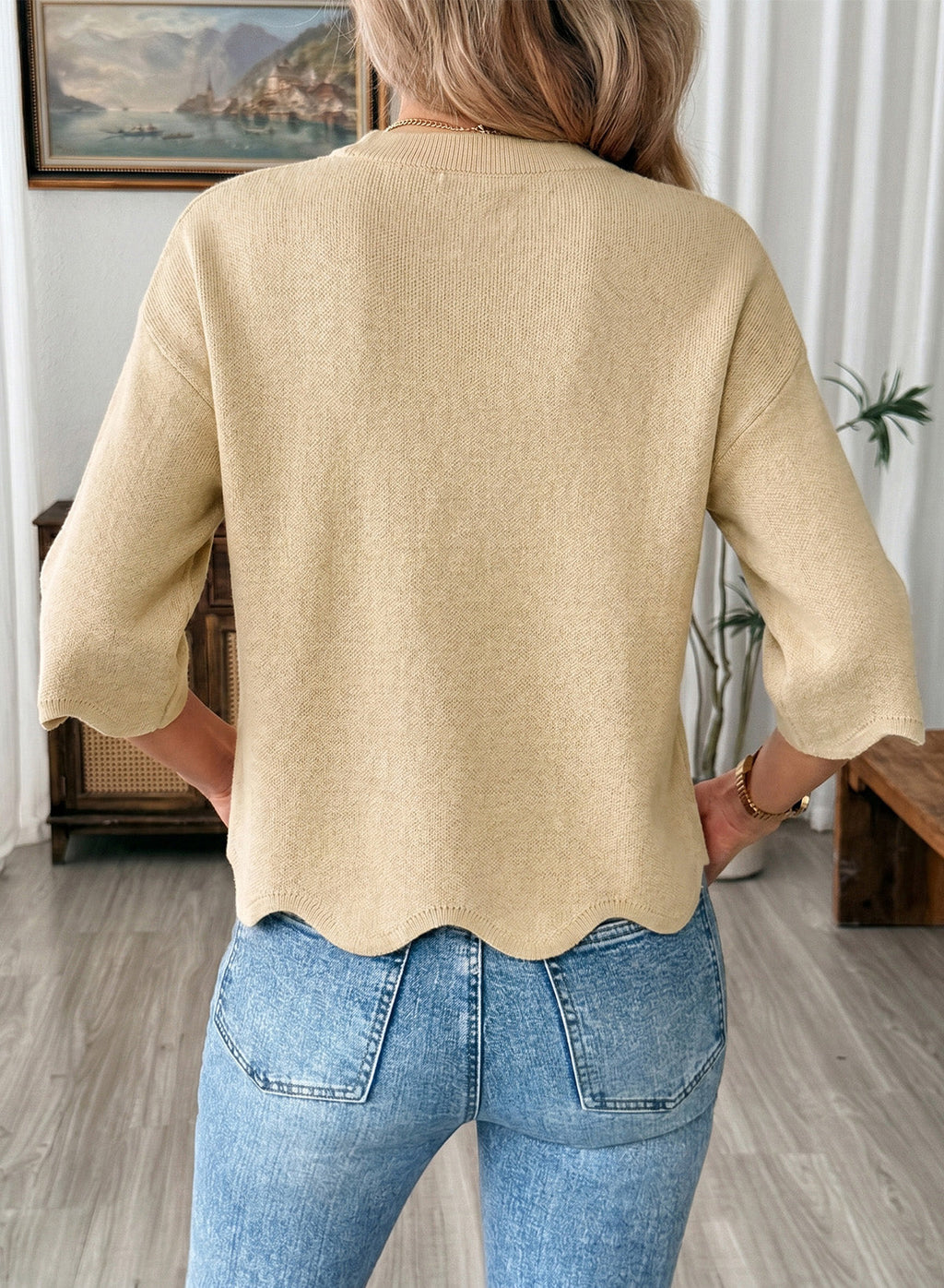 Sweaters for Women 3/4 Sleeve Scalloped Hem Top