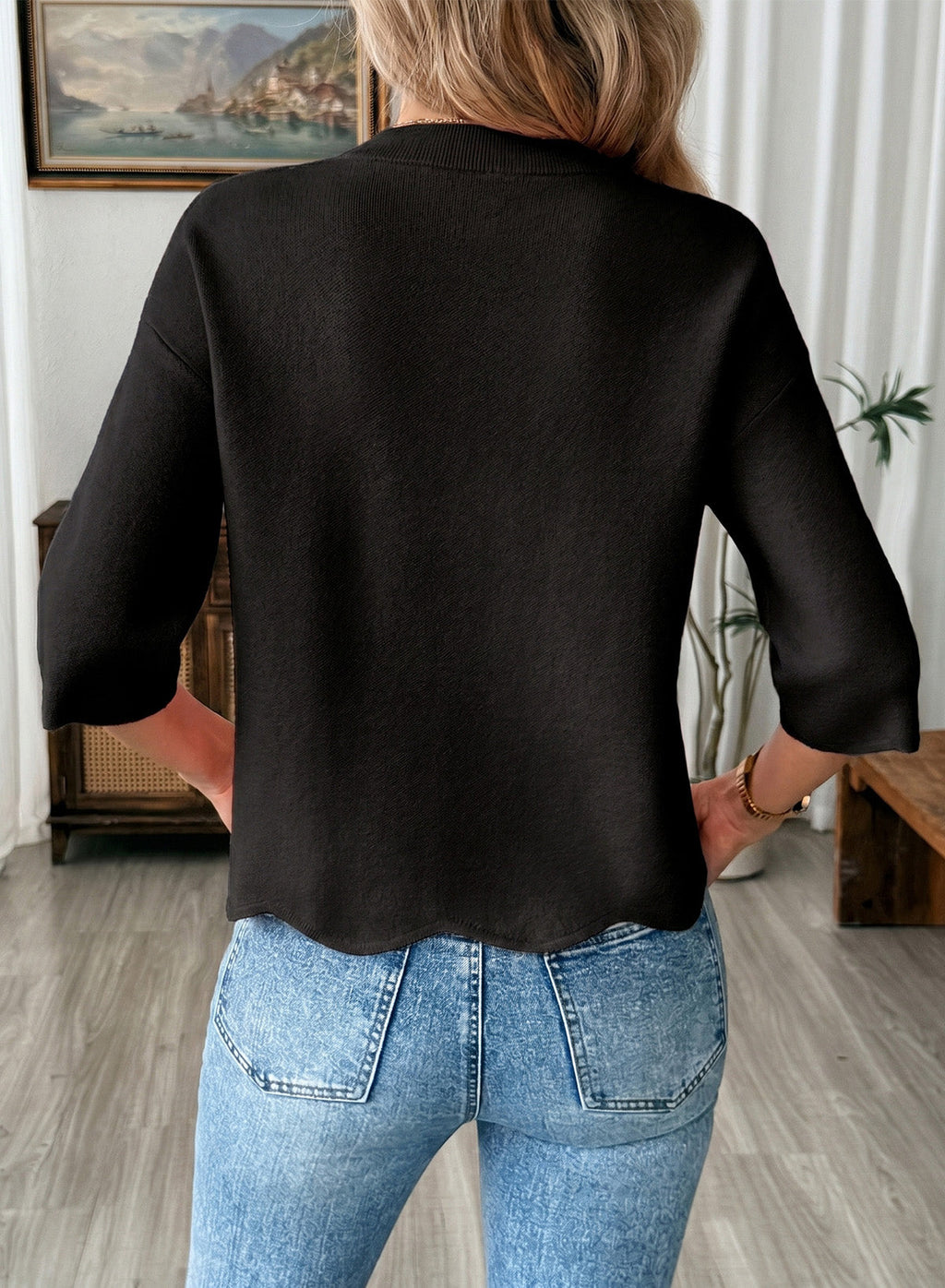 Sweaters for Women 3/4 Sleeve Scalloped Hem Top
