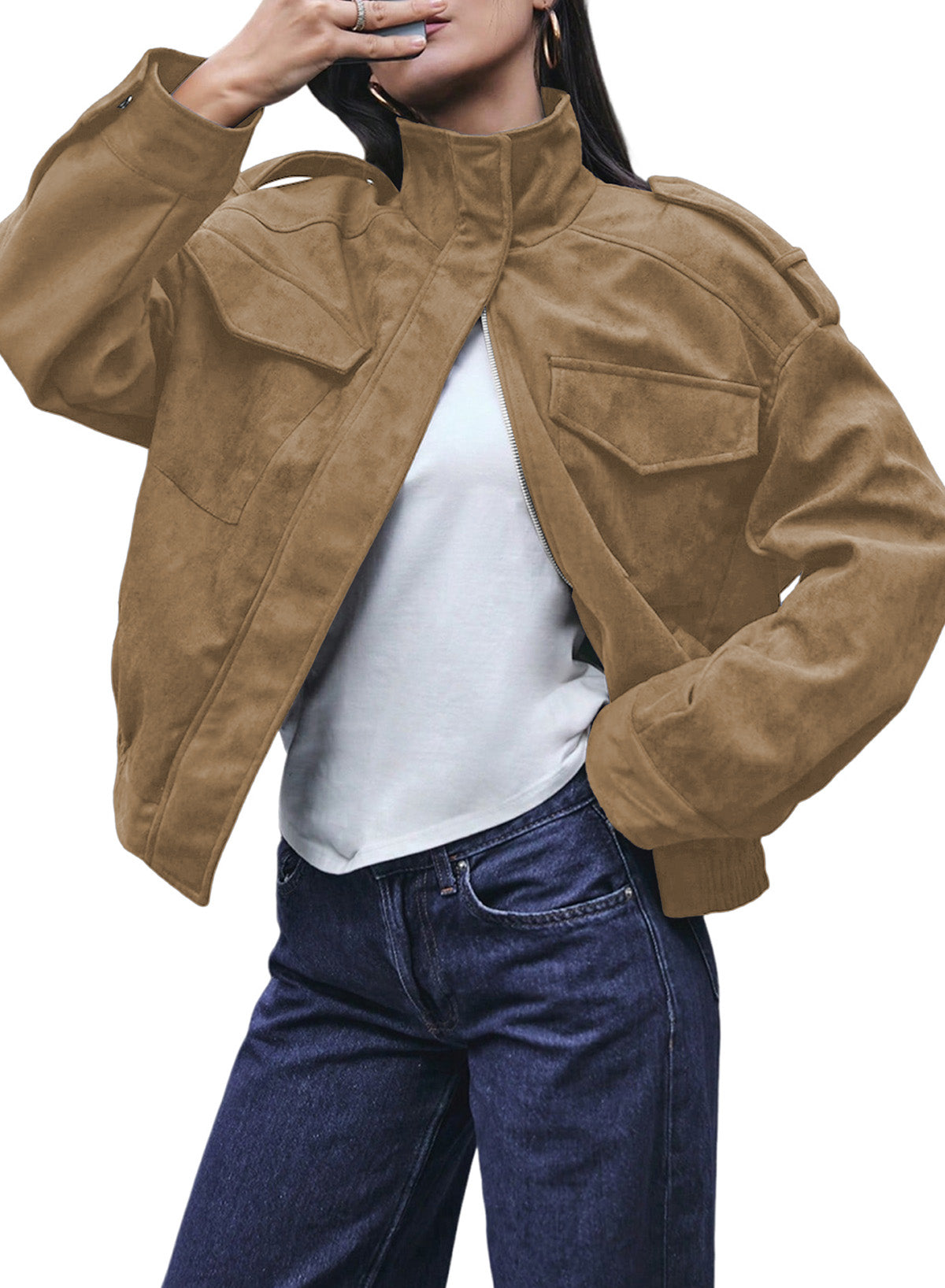 Dokotoo Womens Casual Cropped Bomber Jackets Trendy Solid Zip Up Coats