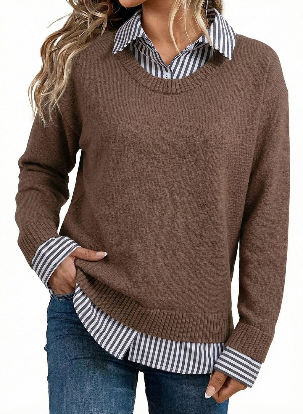 Dokotoo Sweaters for Women Long Sleeve Striped 2 in 1 V Neck Polo Pullover Sweater