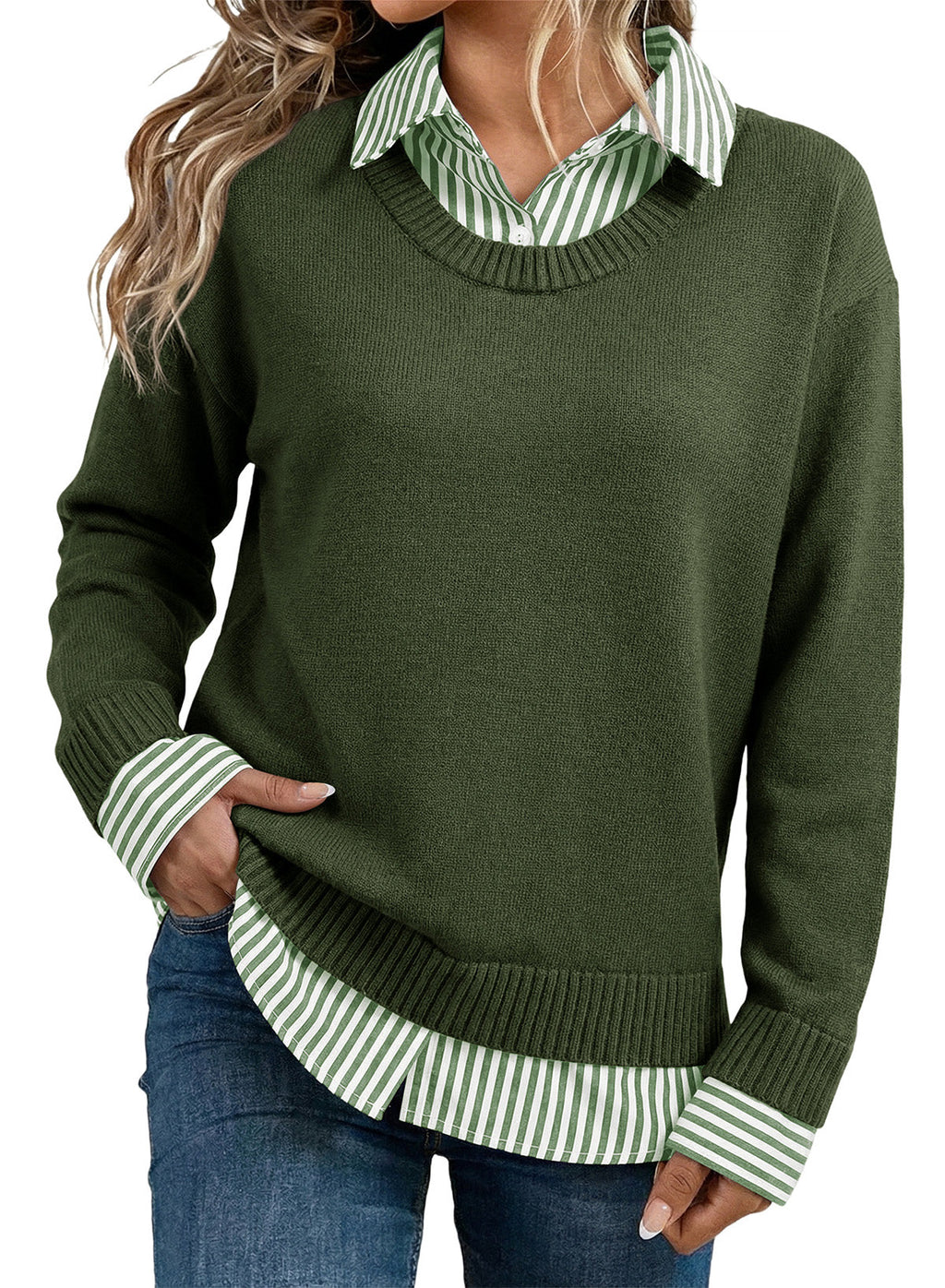 Dokotoo Sweaters for Women Long Sleeve Striped 2 in 1 V Neck Polo Pullover Sweater