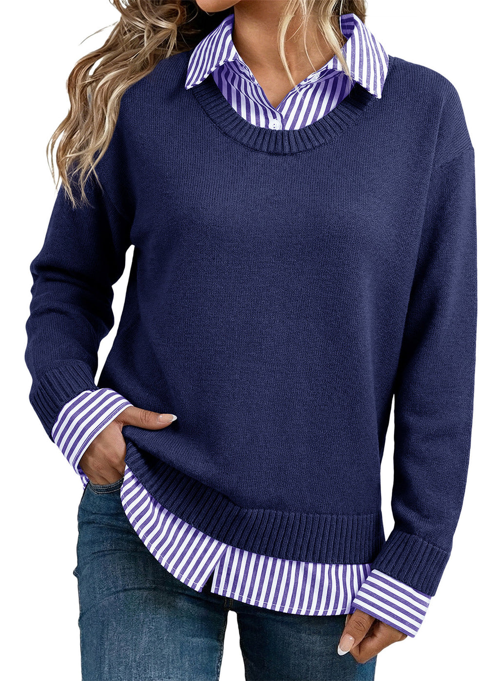 Dokotoo Sweaters for Women Long Sleeve Striped 2 in 1 V Neck Polo Pullover Sweater