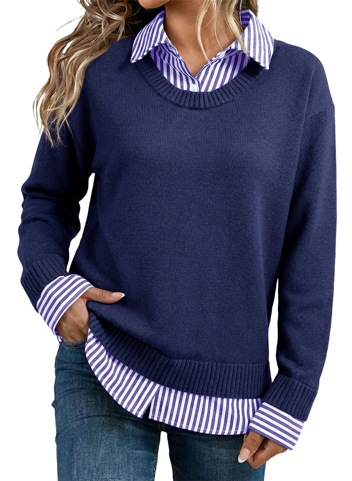 Dokotoo Sweaters for Women Long Sleeve Striped 2 in 1 V Neck Polo Pullover Sweater