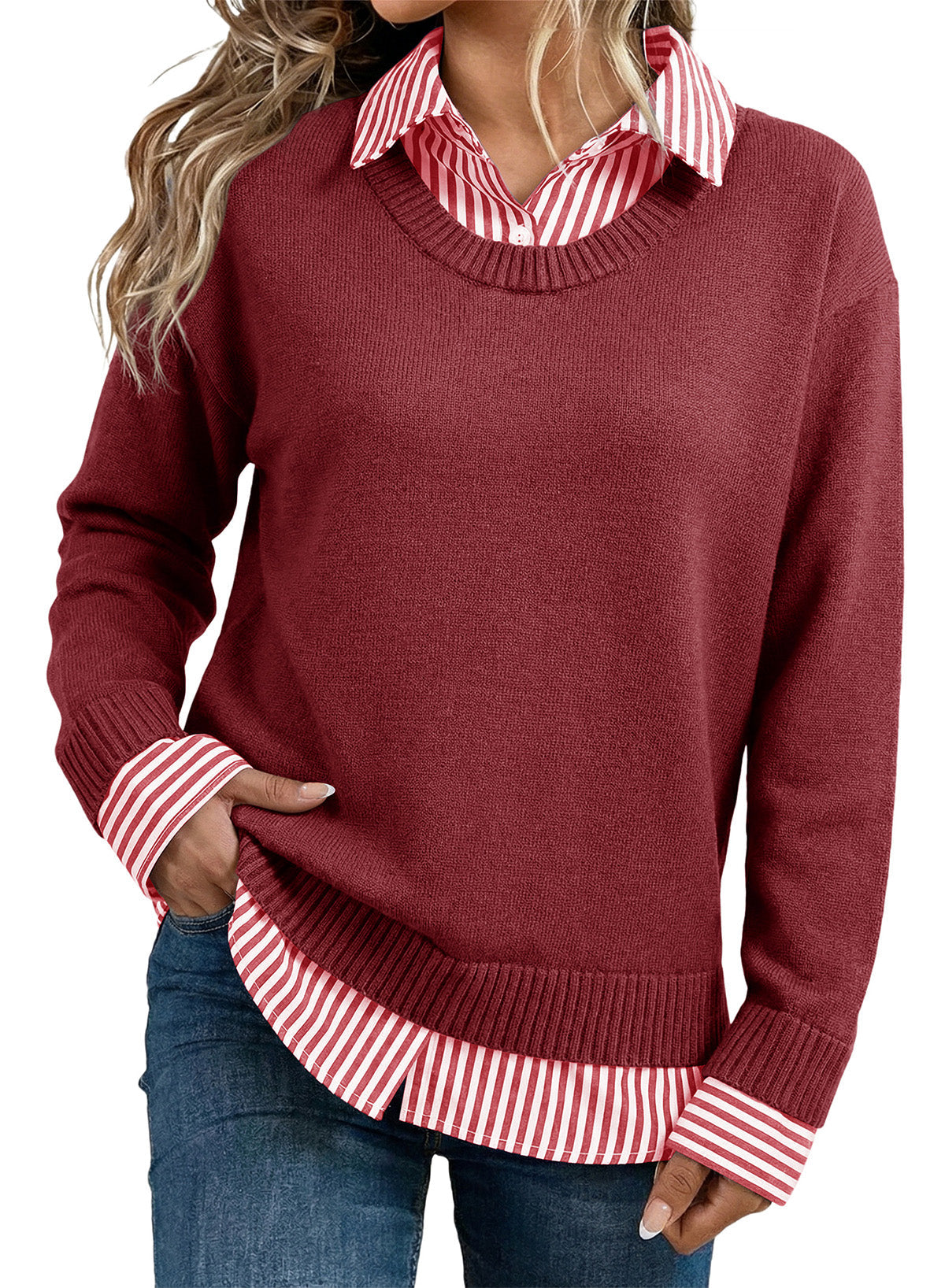 Dokotoo Sweaters for Women Long Sleeve Striped 2 in 1 V Neck Polo Pullover Sweater