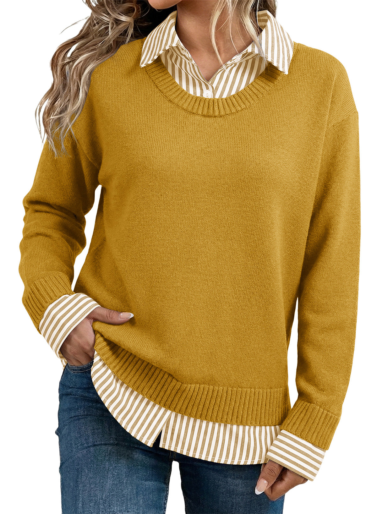 Dokotoo Sweaters for Women Long Sleeve Striped 2 in 1 V Neck Polo Pullover Sweater