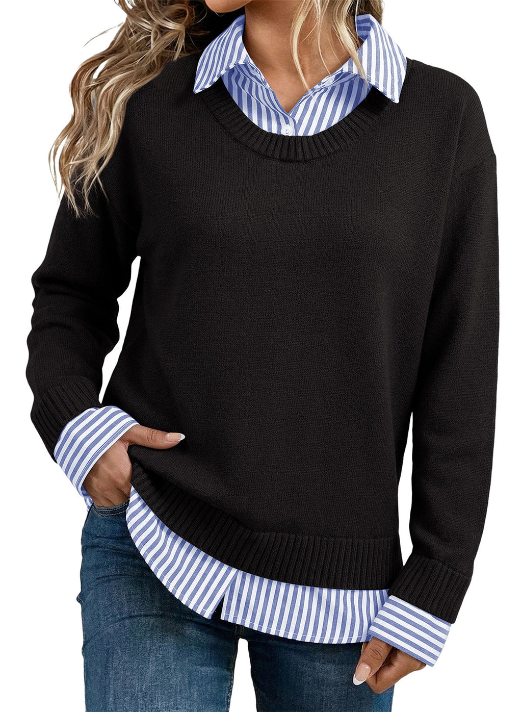 Dokotoo Sweaters for Women Long Sleeve Striped 2 in 1 V Neck Polo Pullover Sweater